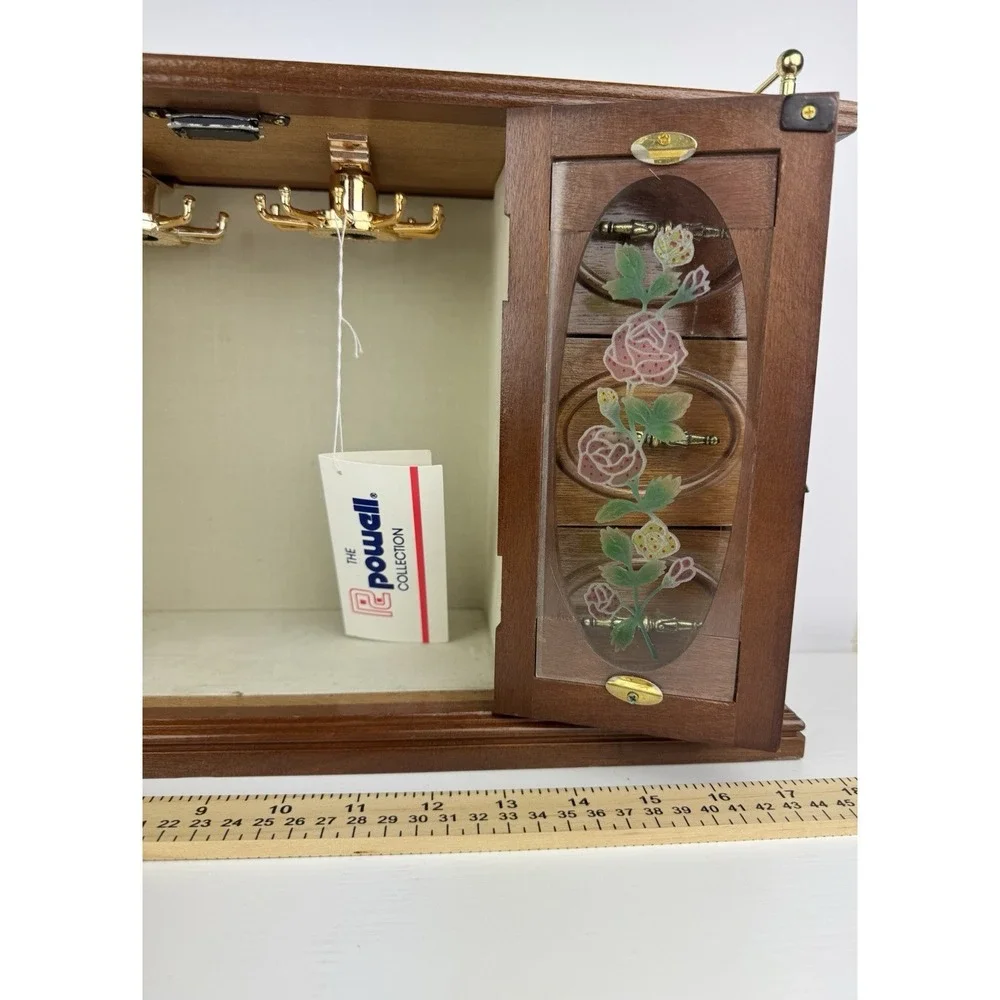 Vintage Jewelry Armoire Wood Cabinet Chest W/ Mirror Glass Door Organizer Floral